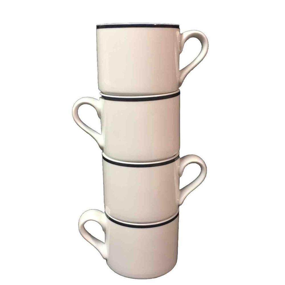4 Dansk Bistro White w/ Blue Band Flat Tea Coffee Cups Stackable